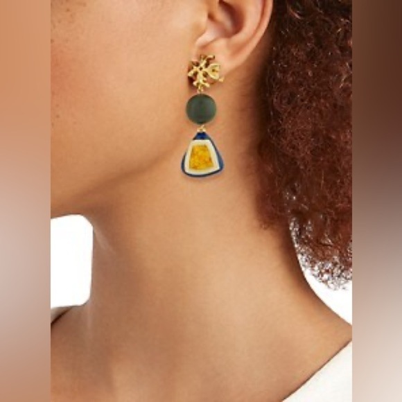 🆕Authentic Tory Burch Roxanne Wood & Resin Mismatched Double Drop Earrings - Picture 8 of 15